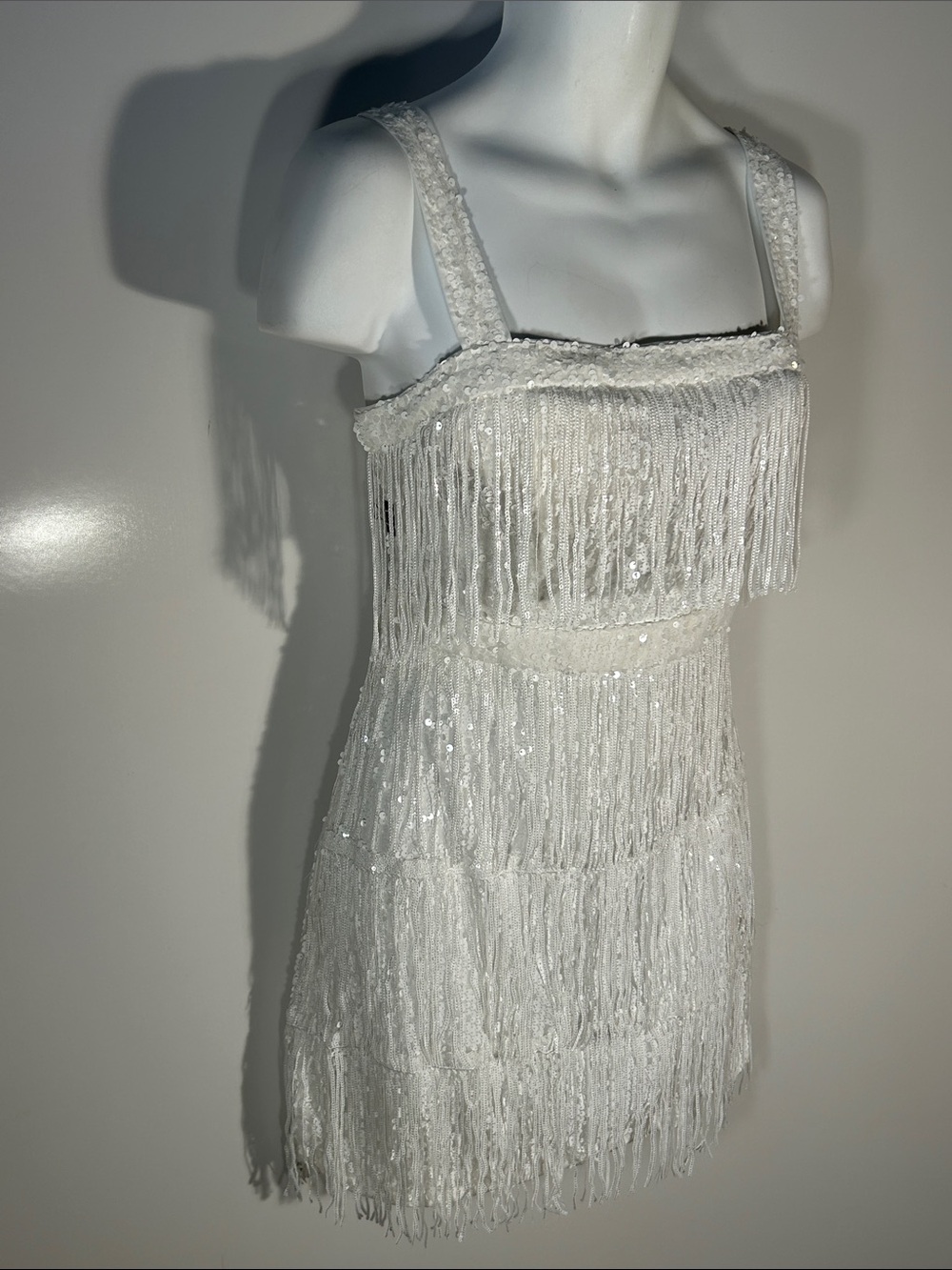 White Sequin SZ XL Fringe Dress Cocktail 1920s Flapper Style Sexy Party Cruise